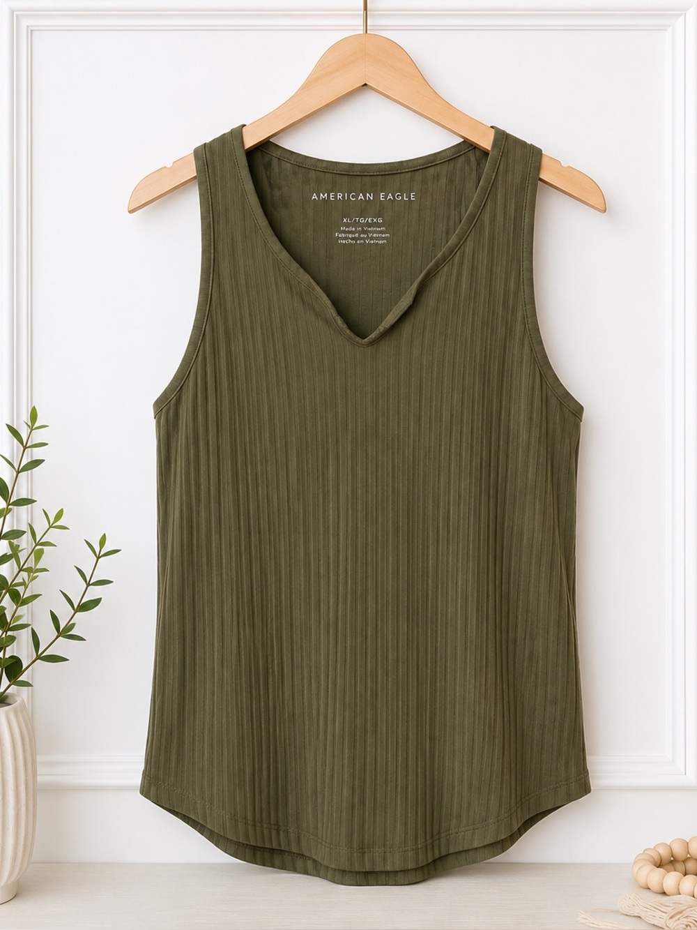 American Eagle Olive Green Ribbed Tank Top XL | Soft Stretch Everyday Basic